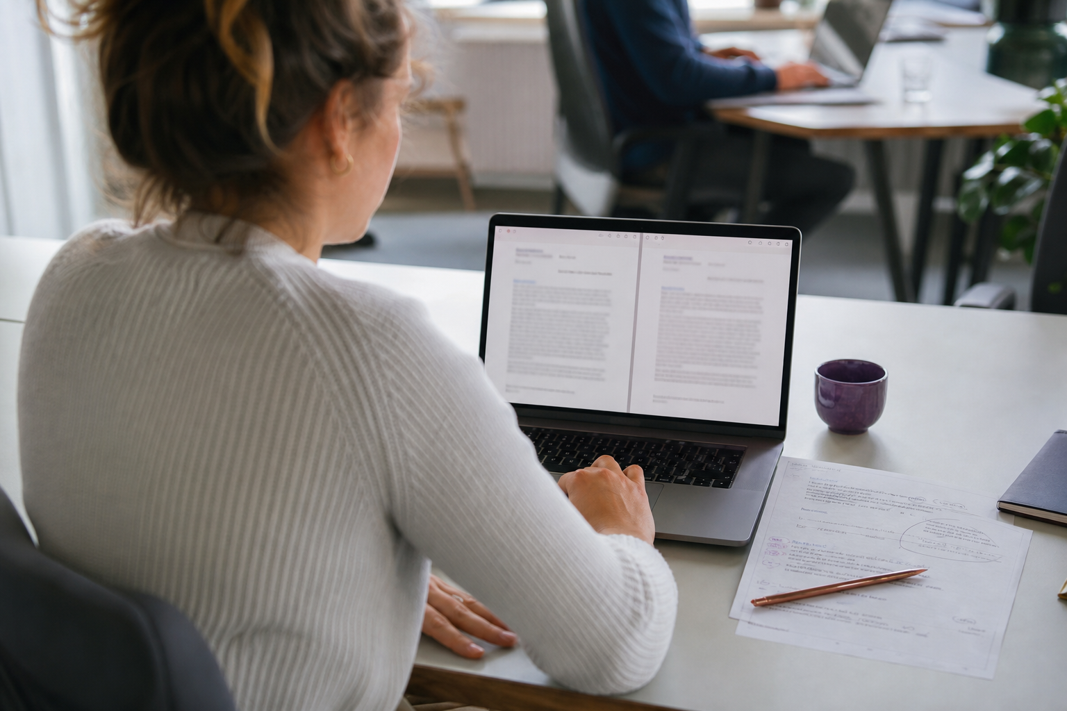 Laptop met een overdrachtslijst en losse toegangskaarten op een lichte werktafel