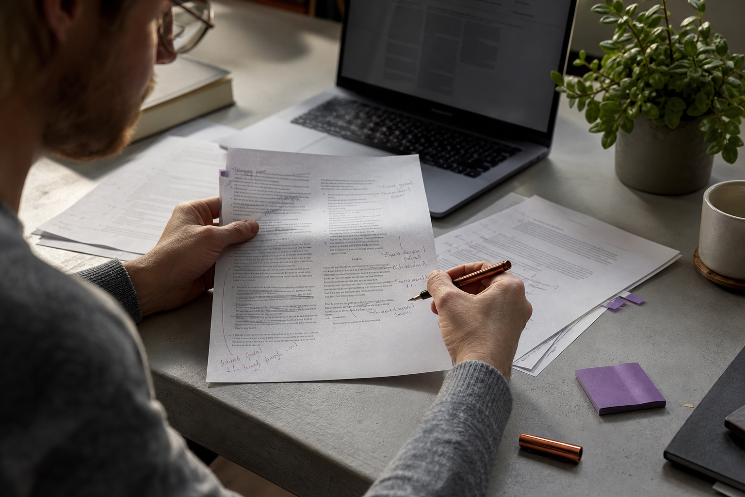 Redacteur verbetert geprinte tekst met een koperen pen naast een laptop
